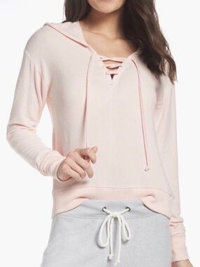 Nordstrom Make + Model Laced Neck Pull Over Hoodie Pink Veil Soft Hachi Knit S